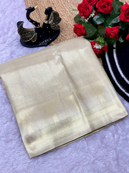 Smashing Beige Banarasi Tissue Silk Saree With Winsome Blouse Piece