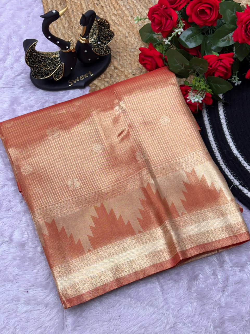 Sonorous Orange Banarasi Tissue Silk Saree With Staring Blouse Piece