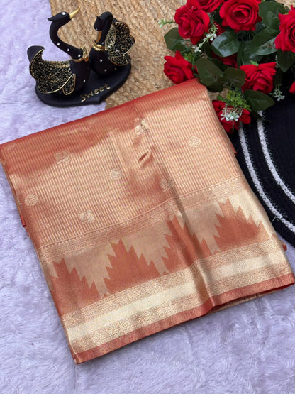 Sonorous Orange Banarasi Tissue Silk Saree With Staring Blouse Piece