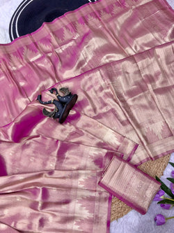 Profuse Pink Banarasi Tissue Silk Saree With Adoring Blouse Piece