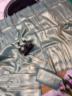 Arresting Sky Banarasi Tissue Silk Saree With Luxuriant Blouse Piece