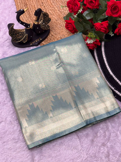 Arresting Sky Banarasi Tissue Silk Saree With Luxuriant Blouse Piece