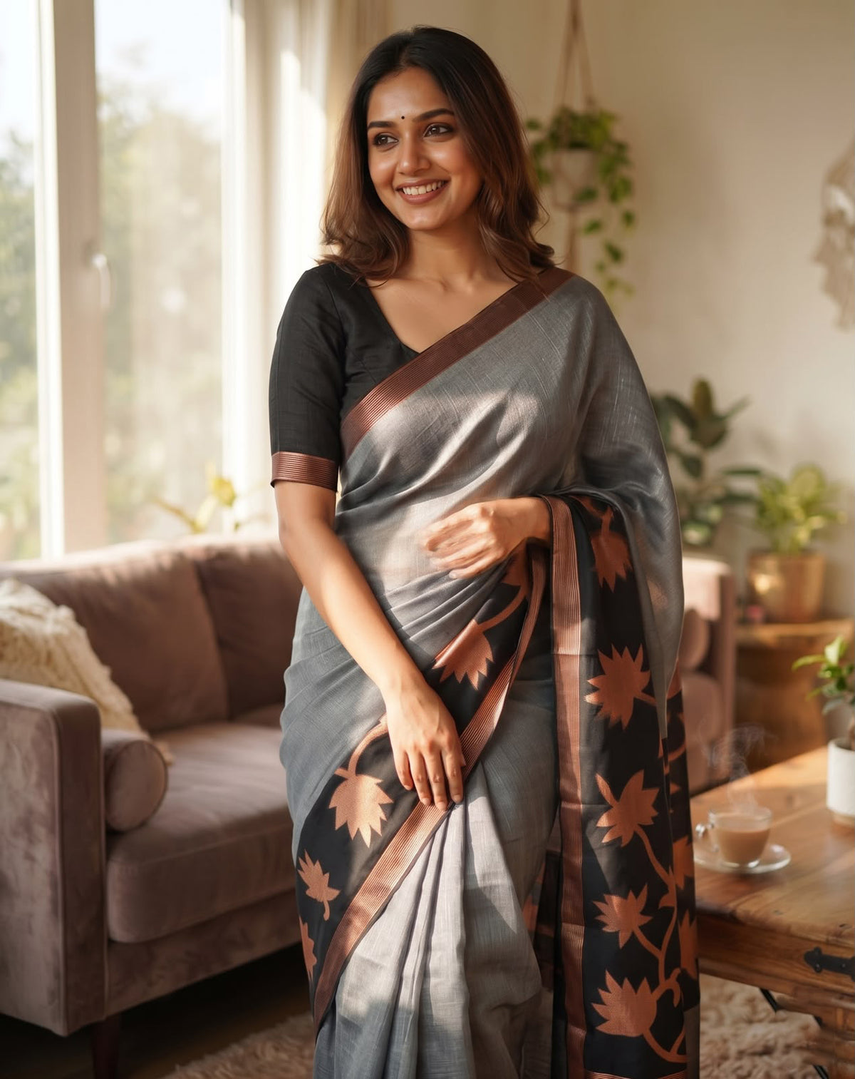 Exquisite Grey Cotton Silk Saree With Opulent Blouse Piece
