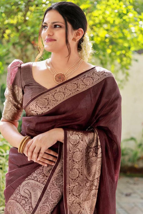 Load image into Gallery viewer, Adorning Brown Soft Silk Saree With Fancifull Blouse Piece
