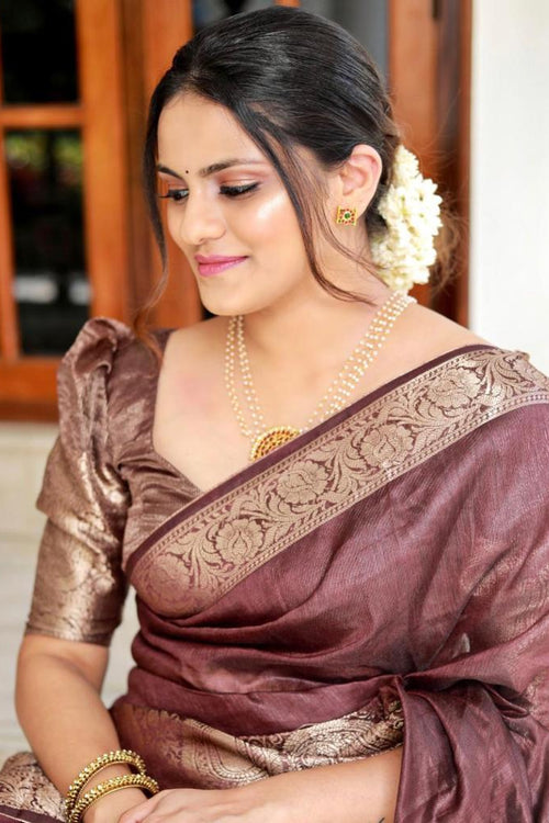 Load image into Gallery viewer, Adorning Brown Soft Silk Saree With Fancifull Blouse Piece
