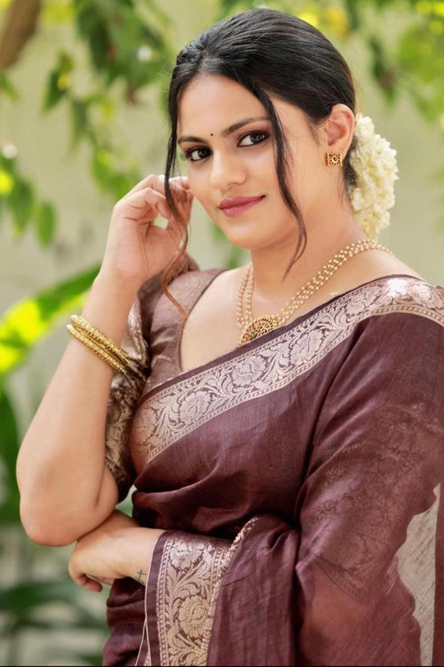 Load image into Gallery viewer, Adorning Brown Soft Silk Saree With Fancifull Blouse Piece
