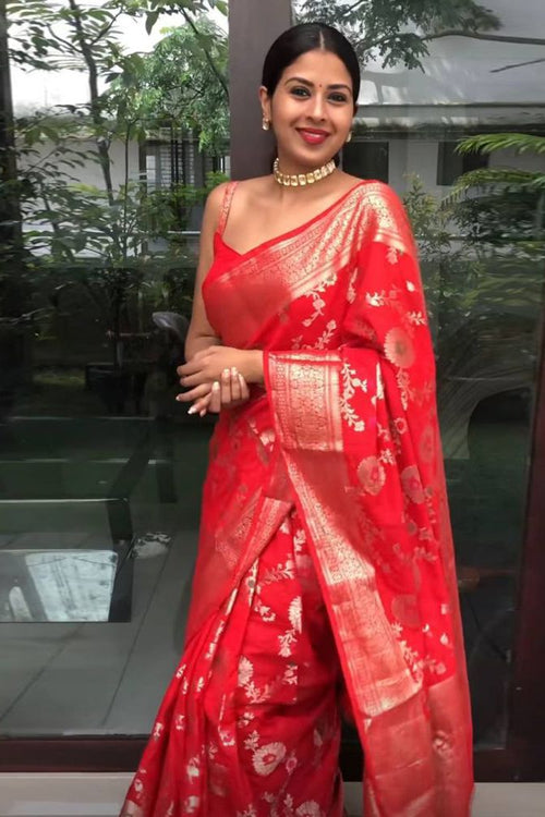 Load image into Gallery viewer, Classy Red Soft Silk Saree With Traditional Blouse Piece
