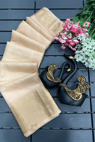 Designer Beige Organza Silk Saree With Staring Blouse Piece