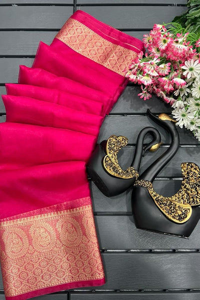 Alluring Dark Pink Organza Silk Saree With Amazing Blouse Piece