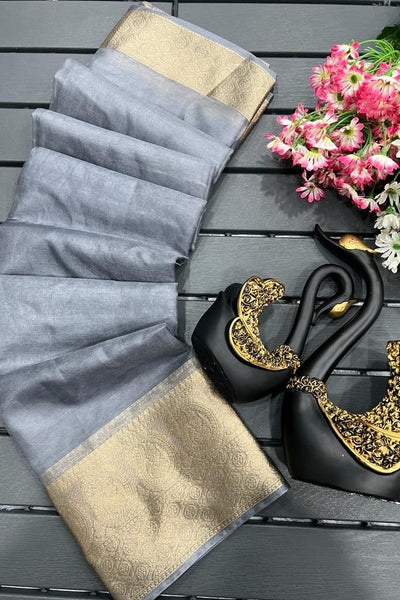 Innovative Grey Organza Silk Saree With Desiring Blouse Piece