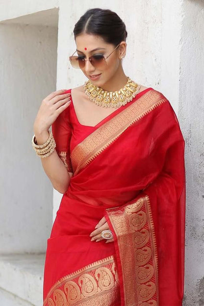 Surreptitious Red Organza Silk Saree With Vestigial Blouse Piece