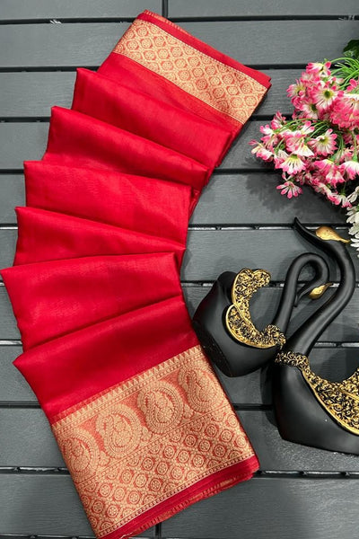 Surreptitious Red Organza Silk Saree With Vestigial Blouse Piece