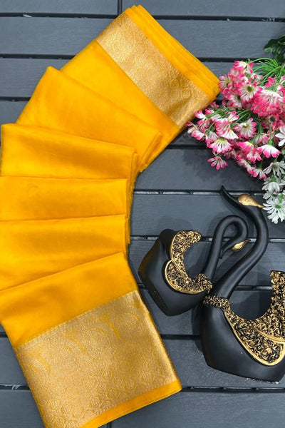 Scrumptious Yellow Organza Silk Saree With Magnificat Blouse Piece