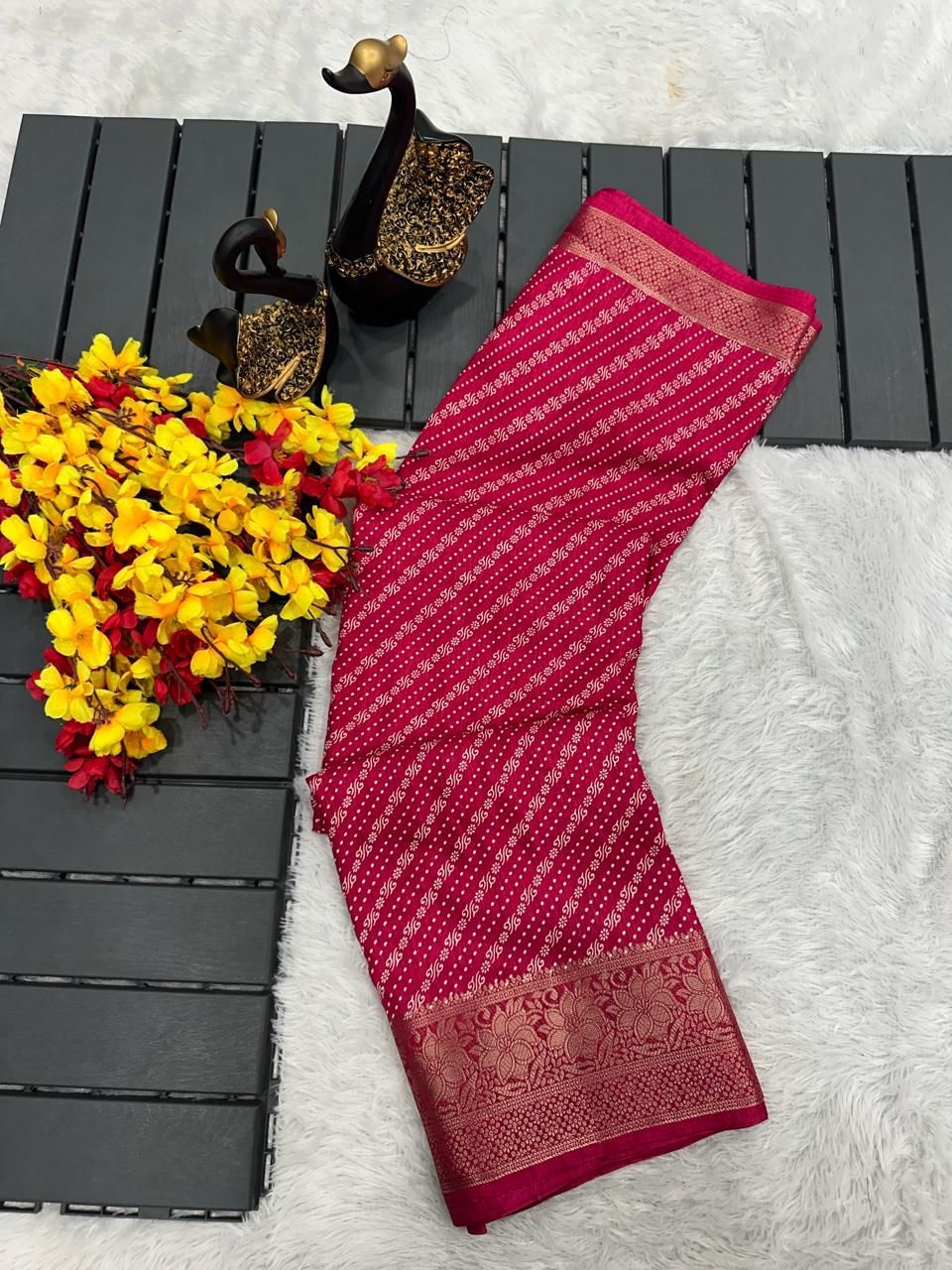 Impressive Dark Pink Digital Printed Dola Silk Saree With Pleasant Blouse Piece