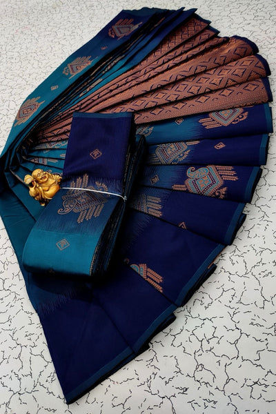 Radiant Firozi Soft Banarasi Silk Saree With Exceptional Blouse Piece