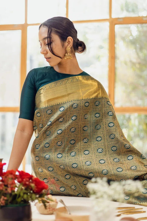 Load image into Gallery viewer, Woebegone Rama Soft Silk Saree With Moiety Blouse Piece
