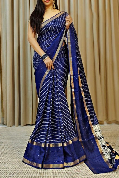 Load image into Gallery viewer, Palimpsest Navy Blue Digital Printed Dola Silk Saree With Surreptitious Blouse Piece
