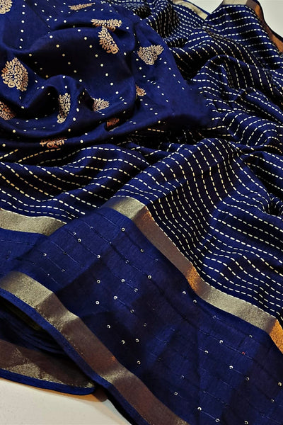 Palimpsest Navy Blue Digital Printed Dola Silk Saree With Surreptitious Blouse Piece