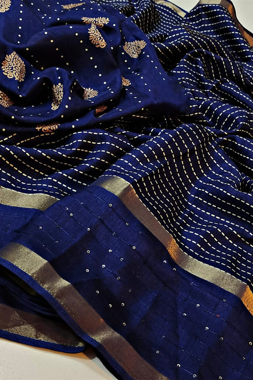 Load image into Gallery viewer, Palimpsest Navy Blue Digital Printed Dola Silk Saree With Surreptitious Blouse Piece
