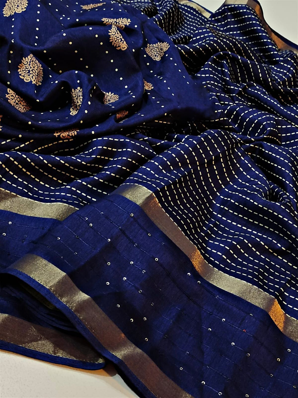 Palimpsest Navy Blue Digital Printed Dola Silk Saree With Surreptitious Blouse Piece