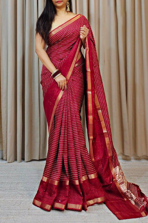 Load image into Gallery viewer, Palimpsest Red Digital Printed Dola Silk Saree With Epiphany Blouse Piece
