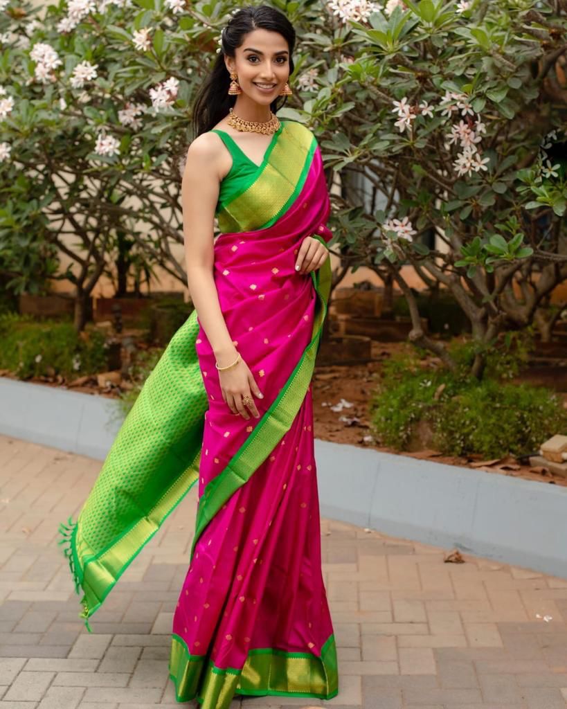 Lovely Dark Pink Soft Silk Saree With Glowing Blouse Piece