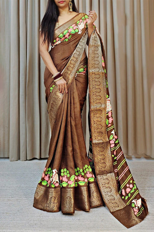 Load image into Gallery viewer, Effervescent Brown Digital Printed Dola Silk Saree With Smashing Blouse Piece
