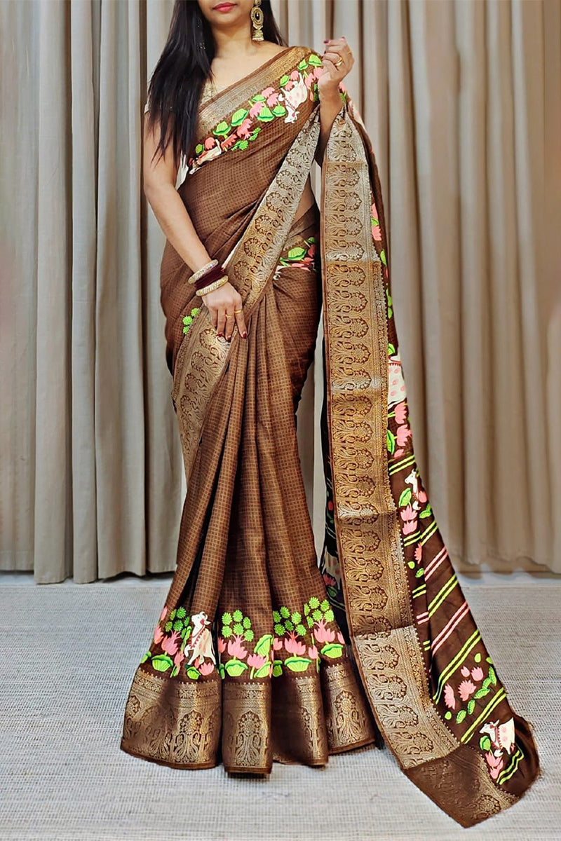 Effervescent Brown Digital Printed Dola Silk Saree With Smashing Blouse Piece