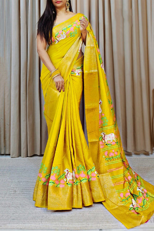 Load image into Gallery viewer, Devastating Yellow Digital Printed Dola Silk Saree With Splendorous Blouse Piece
