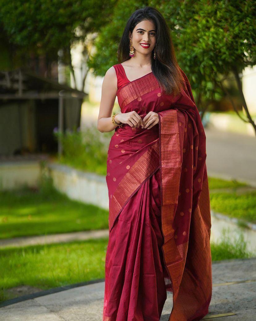 Mellifluous Maroon Soft Silk Saree With Elision Blouse Piece