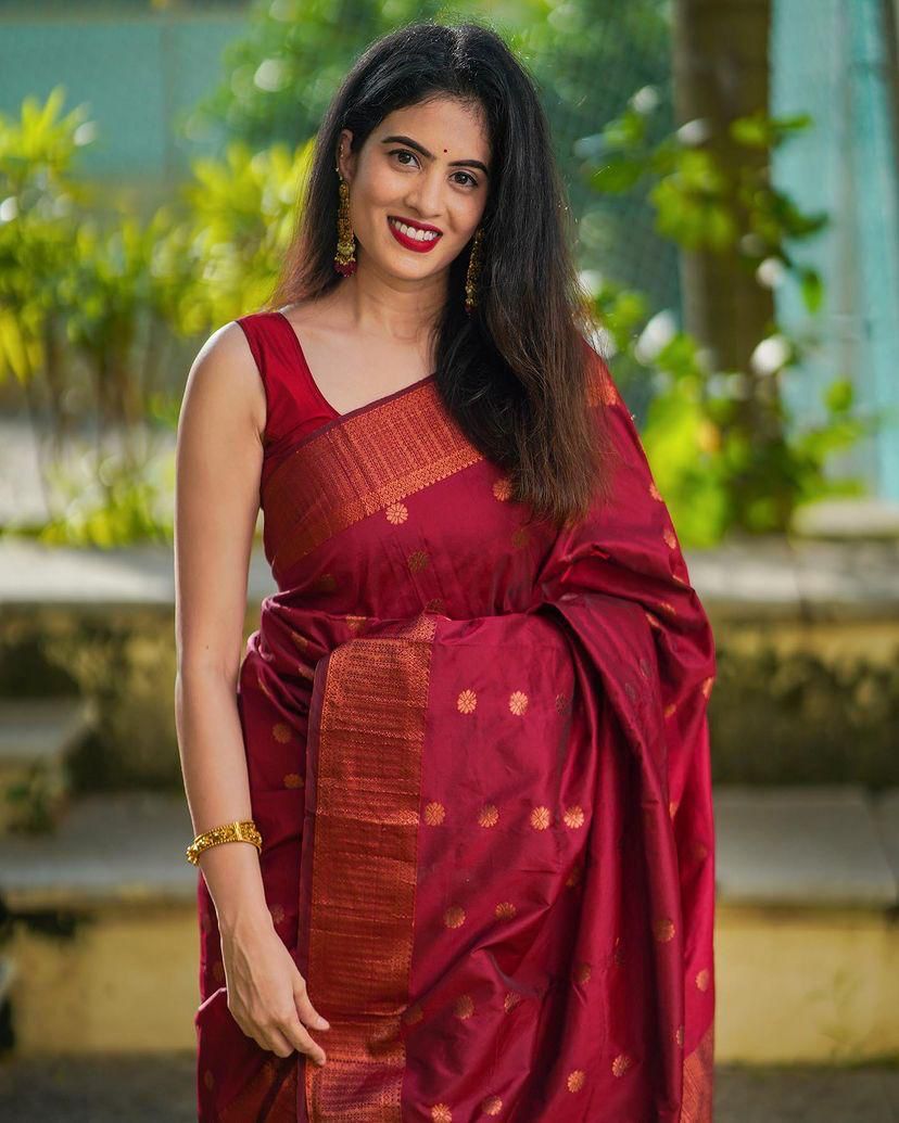 Mellifluous Maroon Soft Silk Saree With Elision Blouse Piece