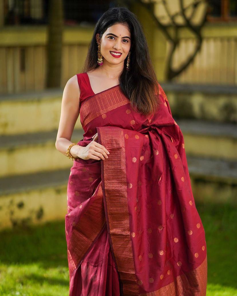 Mellifluous Maroon Soft Silk Saree With Elision Blouse Piece