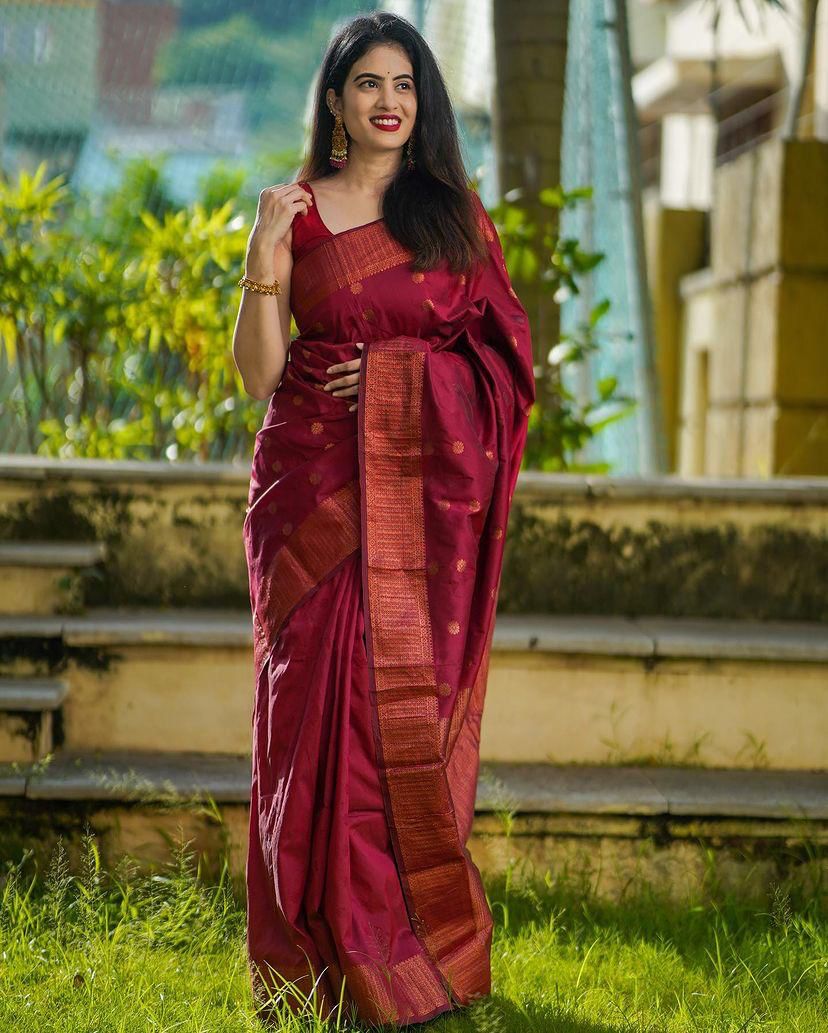 Mellifluous Maroon Soft Silk Saree With Elision Blouse Piece