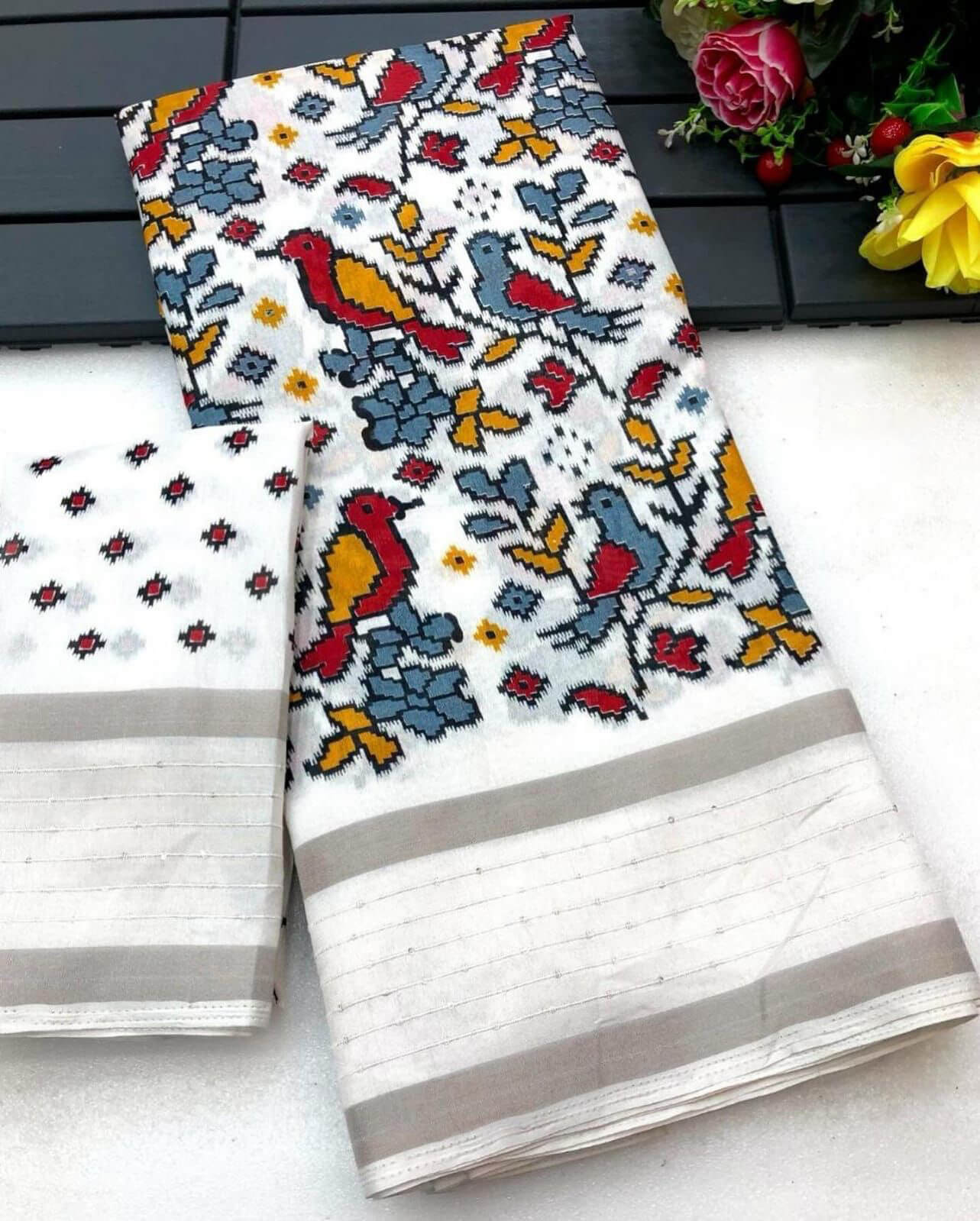 Blissful White Digital Printed Dola Silk Saree With Admirable Blouse Piece