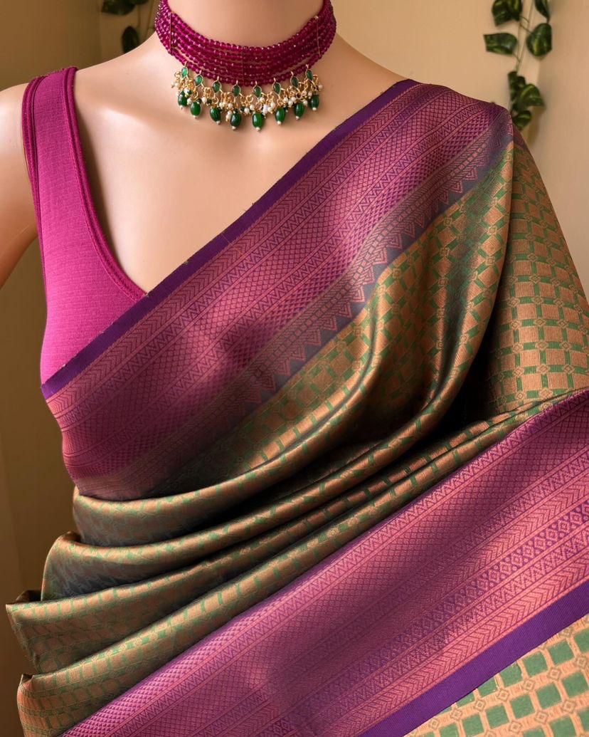 Ineffable Mehndi Soft Silk Saree With Ethereal Blouse Piece