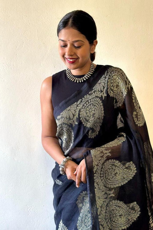 Load image into Gallery viewer, Exquisite Black Cotton Silk Saree With Lustrous Blouse Piece
