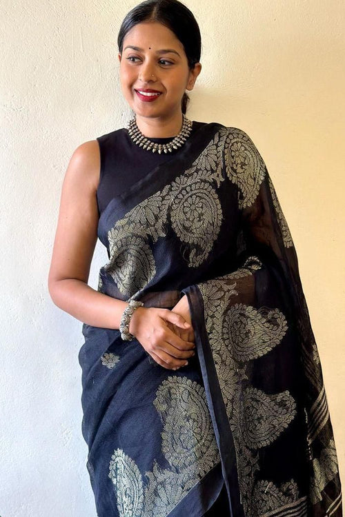 Load image into Gallery viewer, Exquisite Black Cotton Silk Saree With Lustrous Blouse Piece
