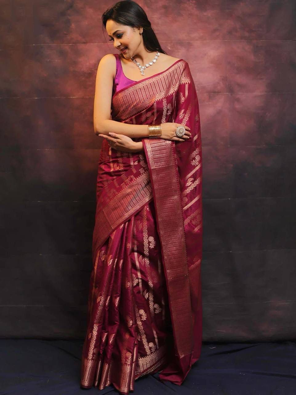 Alluring Wine Soft Silk Saree With Amazing Blouse Piece