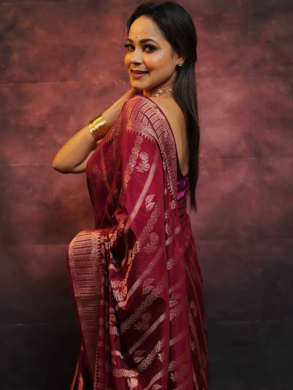 Alluring Wine Soft Silk Saree With Amazing Blouse Piece