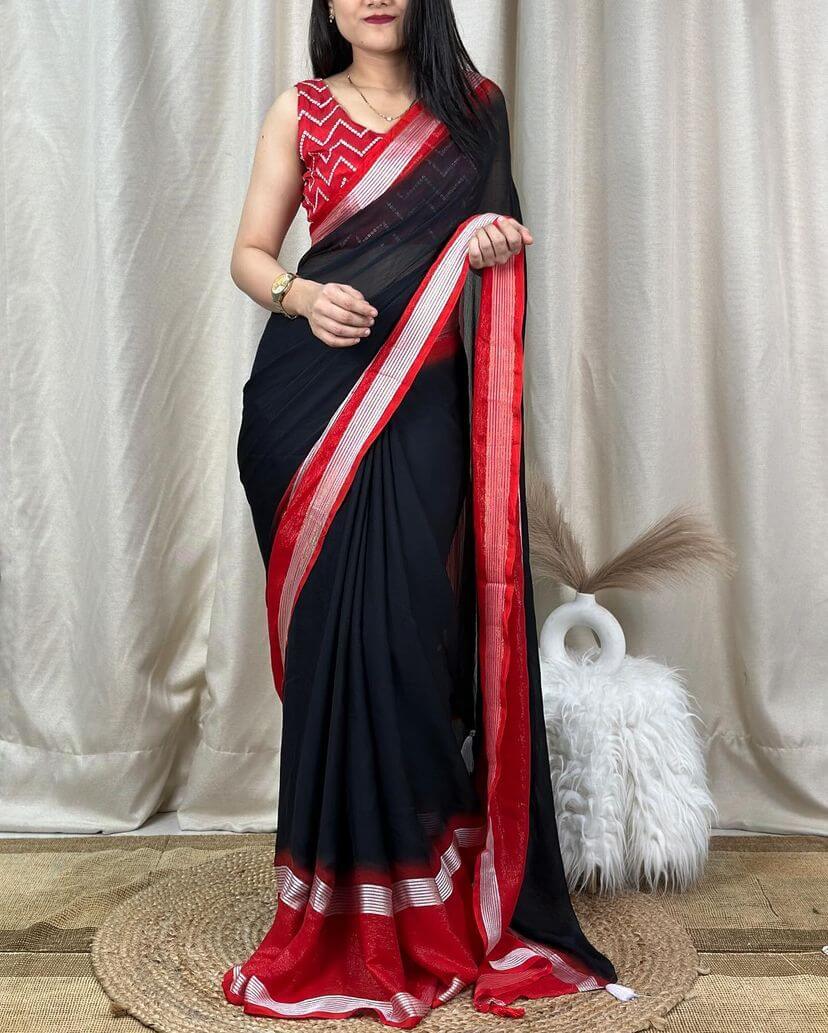 Symmetrical Black Digital Printed Chiffon Saree With Denouement Blouse Piece