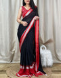 Symmetrical Black Digital Printed Chiffon Saree With Denouement Blouse Piece