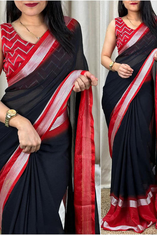 Load image into Gallery viewer, Symmetrical Black Digital Printed Chiffon Saree With Denouement Blouse Piece
