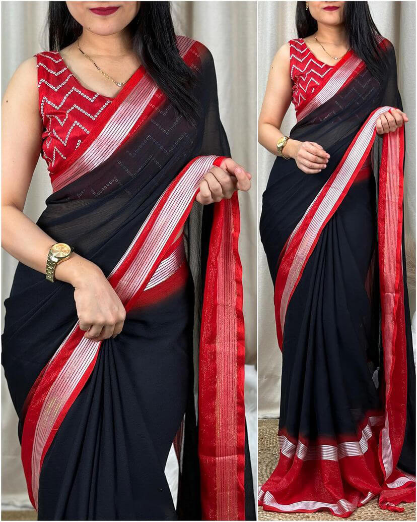 Symmetrical Black Digital Printed Chiffon Saree With Denouement Blouse Piece