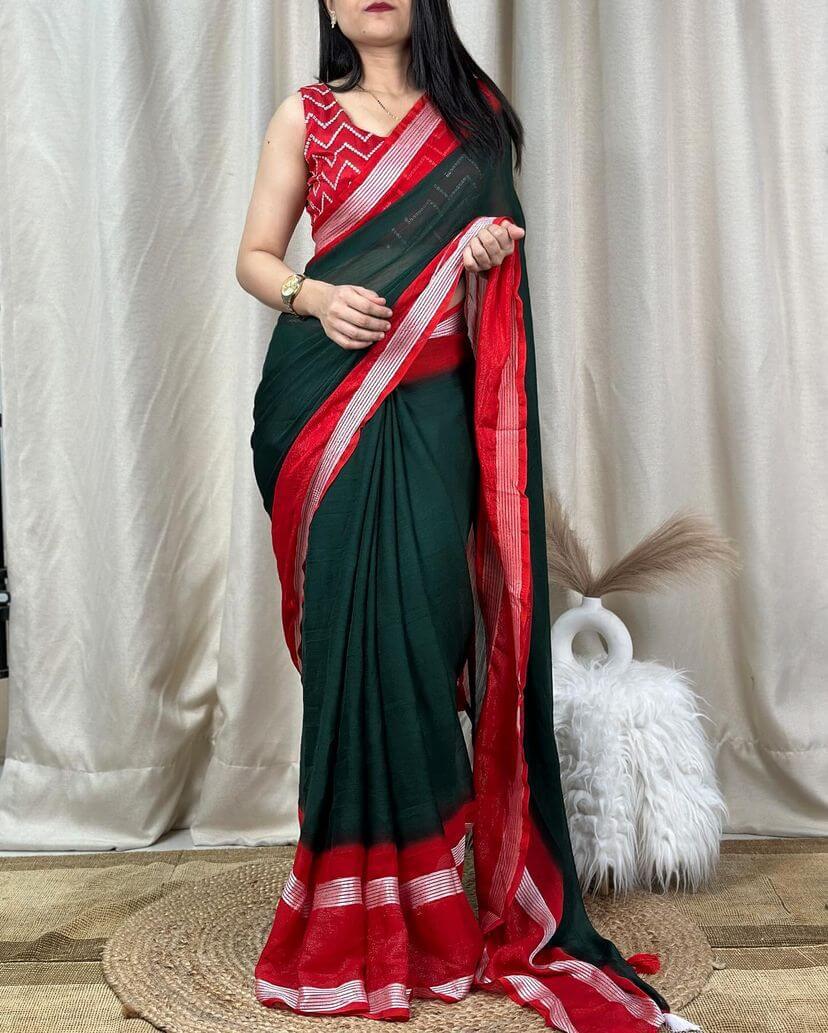 Palimpsest Dark Green Digital Printed Chiffon Saree With Fugacious Blouse Piece