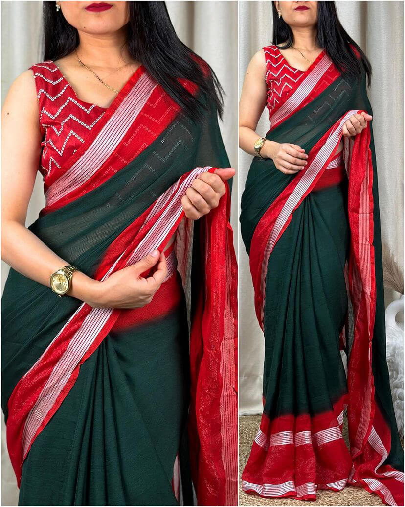 Palimpsest Dark Green Digital Printed Chiffon Saree With Fugacious Blouse Piece