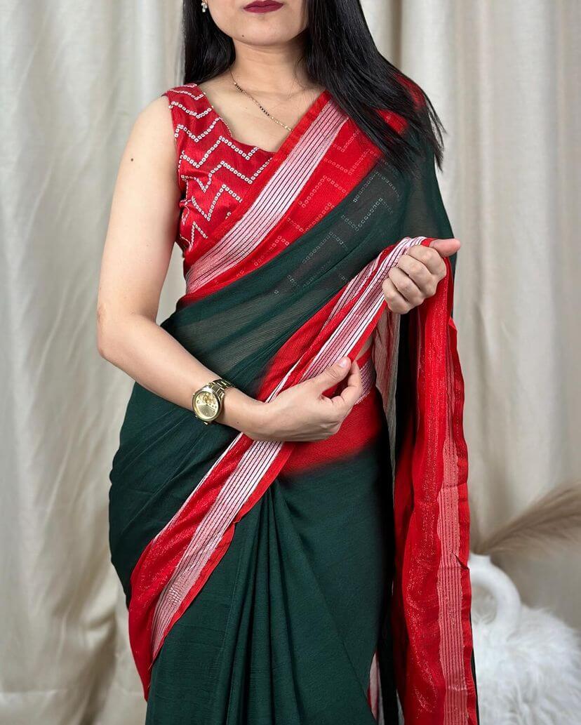 Palimpsest Dark Green Digital Printed Chiffon Saree With Fugacious Blouse Piece