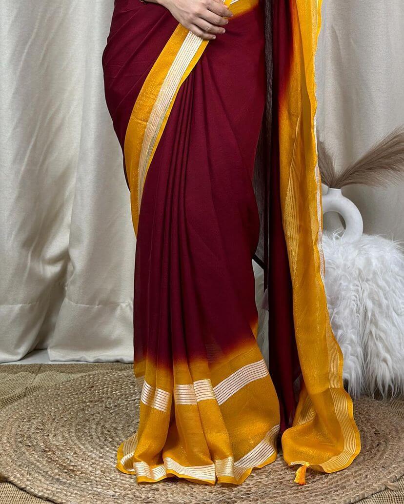 Surreptitious Maroon Digital Printed Chiffon Saree With Transcendent Blouse Piece