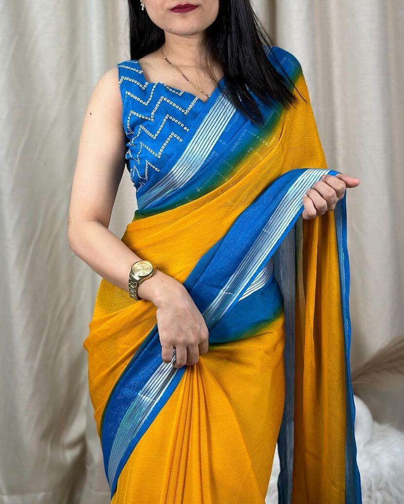 Vivacious Yellow Digital Printed Chiffon Saree With Supernal Blouse Piece