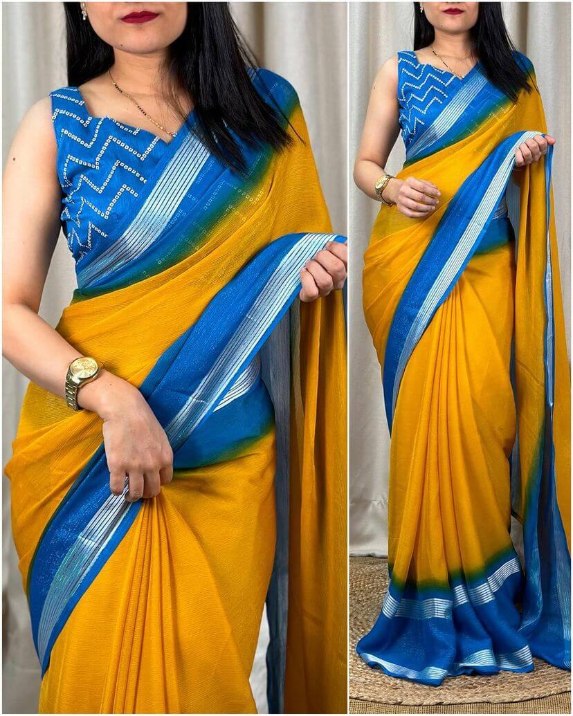 Vivacious Yellow Digital Printed Chiffon Saree With Supernal Blouse Piece