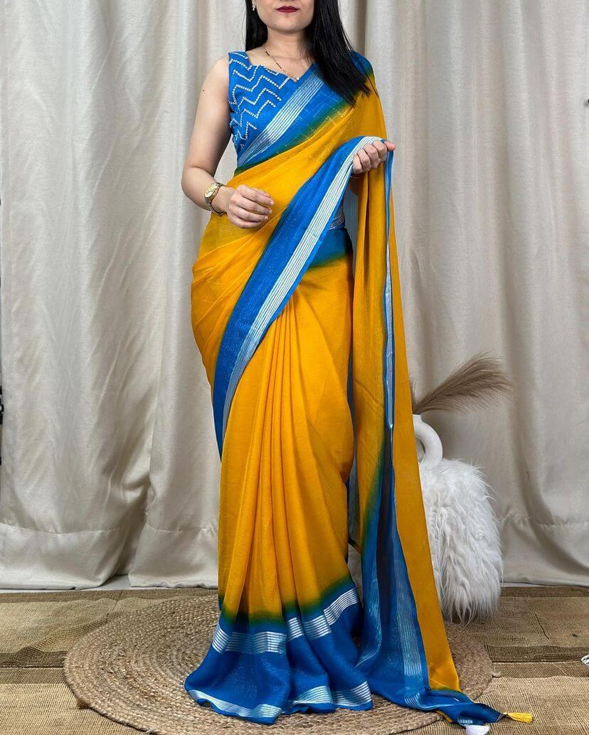 Vivacious Yellow Digital Printed Chiffon Saree With Supernal Blouse Piece